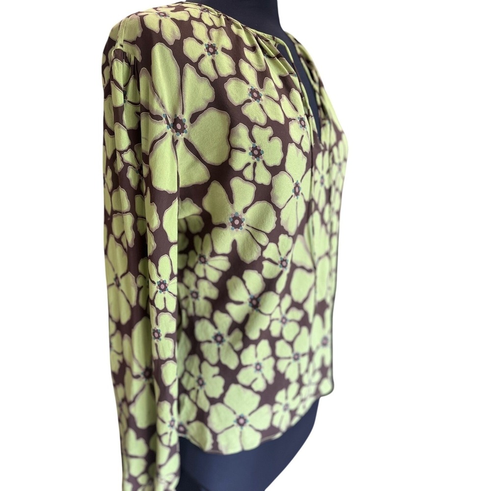Retro Floral V-Neck Tie Front Blouse Lime Green Brown Long Sleeve Top - Picture 2 of 11